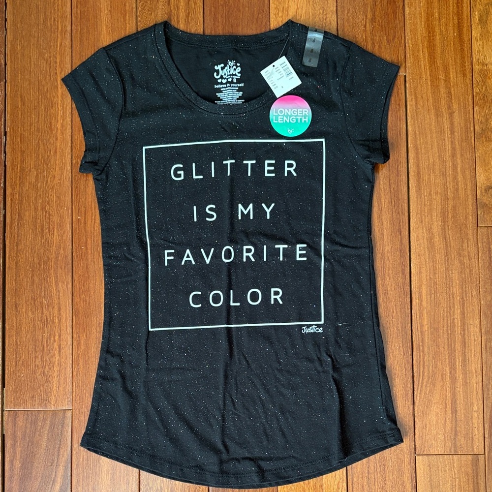 Justice Black Tee with Glitter Graphic